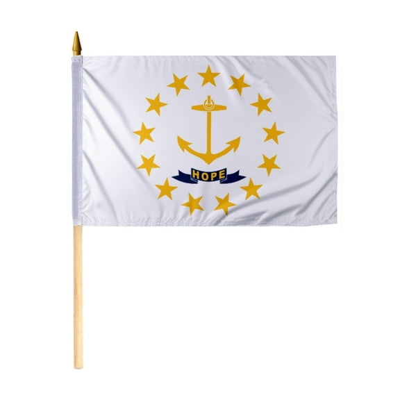 Promopatriot Rhode Island Mini State RI Stick Flag 12x18 inch Polyester with 24" Wooden Pole Handheld