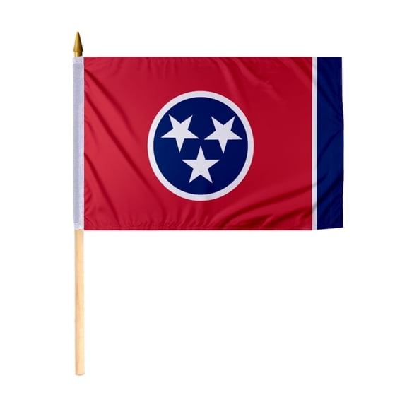 Promo Patriot's Tennessee State Stick Flag 12x18 Inch - with 24 inch Wooden Pole, Single Ply Polyester, Reverse Print - Handheld Desk State of Tennessee TN Flag