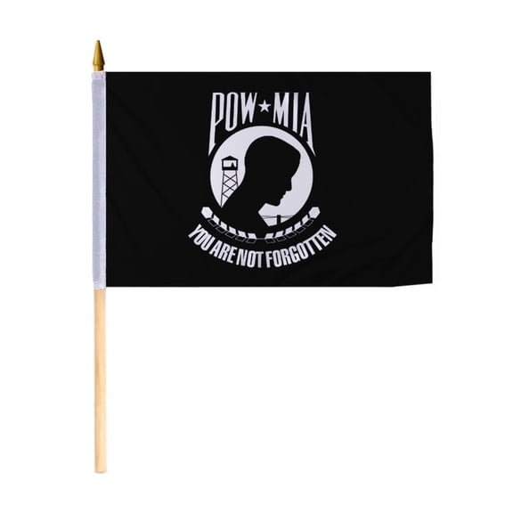 Promo Patriot's US POW MIA Black 6x9 inch Stick Flag, Mounted on 18" Wooden Stick - Printed Single Sided on 100% Polyester Fabric - Stitched Edges - Gold Ball Spear Top