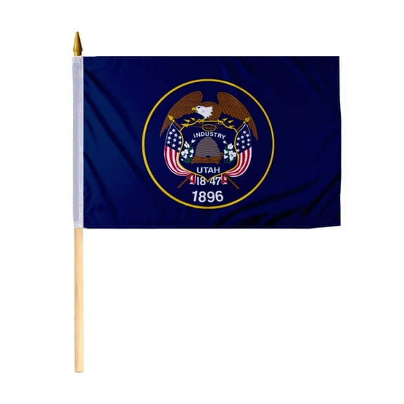 Promo Patriot's Utah State Stick Flag 12x18 Inch - with 24 inch Wooden Pole, Single Ply Polyester, Reverse Print - Handheld Desk State of Utah UT Flag
