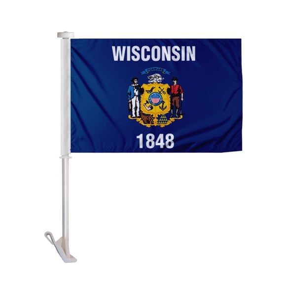 Promopatriot Wisconsin State WI Car Flag 10.5x15 inch Double Side Knitted Polyester with 19" Stiff Pole