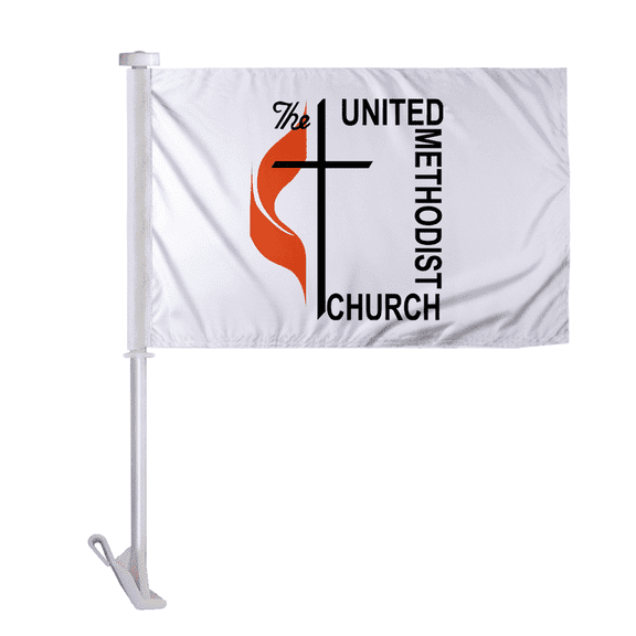 PromoPatriot 10.5"x15" Inch Methodist Premium Car Flag, Double Sided Polyester, 19" Pole with Window Clip