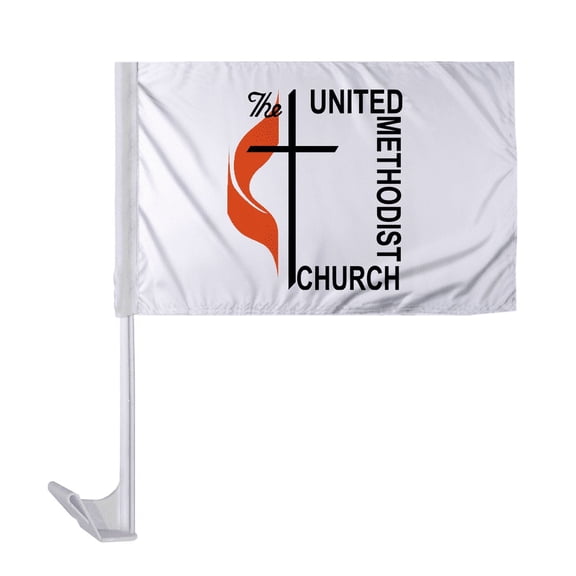 PromoPatriot 12"x16" Inch Methodist Car Flag, Polyester, 17" White Plastic Flex Pole with Window Clip
