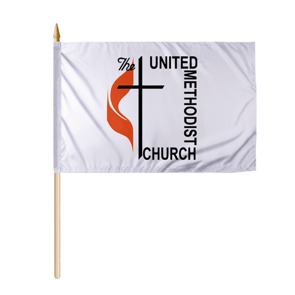 PromoPatriot 12"x18" Inch Methodist Stick Flag - Printed on Economy Polyester, Natural Wood Pole