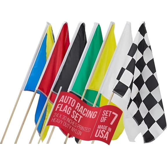 PromoPatriot Official Auto Racing Flag Set- Set of 7 Flags, 24x30 inch- Single Sided, Nylon on 30" Wood Pole