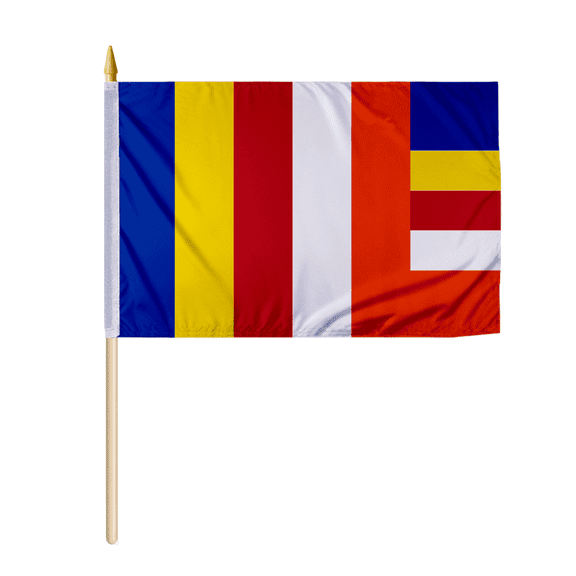 PromoPatriot's 12"x18" Inch Buddhist Stick Flag, Printed on Economy Polyester, Attached to 24" Natural Wood Pole with Gold Ball Spear Top