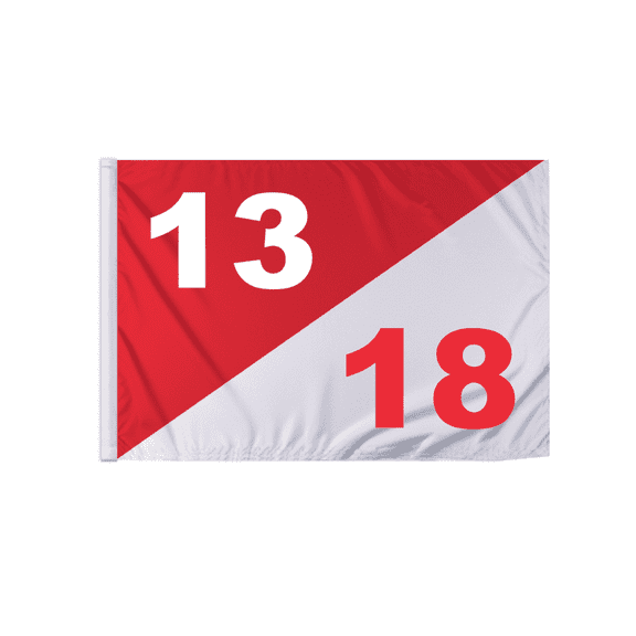 Promopatriot 14x20 inch Diagonal Red White Golf Flag Dual Numbers 13 18 - Lightweight Nylon Semaphore Tubed Lock Styled Golf Flags