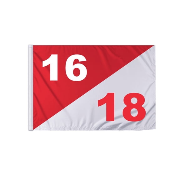 Promopatriot 14x20 inch Diagonal Red White Golf Flag Dual Numbers 16 18 - Lightweight Nylon Semaphore Tubed Lock Styled Golf Flags