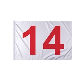 Promopatriot 14x20 inch Numbered Golf Flag with Tube Inserted Numbered# 14, Red Text On White Background, Mini Putting Green Flags for Yard, 200D Nylon Mini Pin Flags, 14"x7/8" dia Tube
