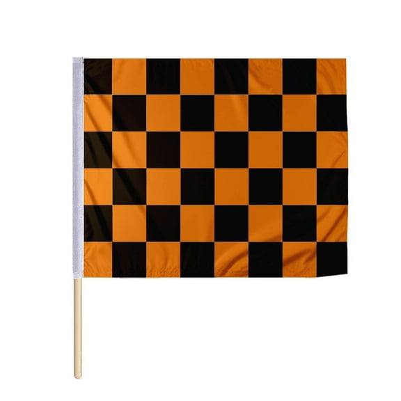 PromoPatriot Black Orange Checkered Racing Flag 24x30 inch Nylon Mounted on 30" Wood Pole