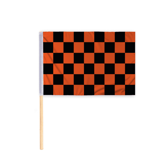 Promopatriot Checkered Racing Flag Black Orange 30x30 inch 200D Nylon on 36" Wood Pole