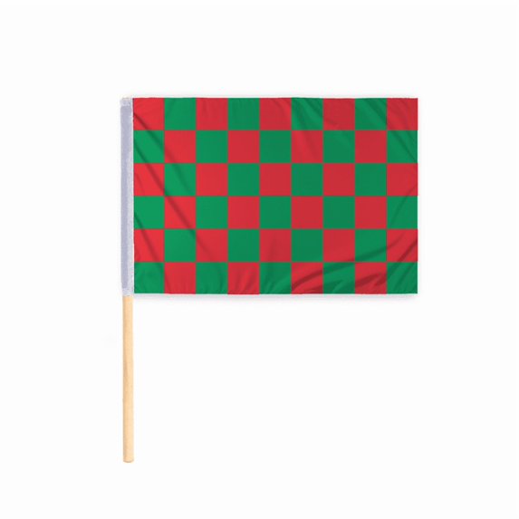 Promopatriot Checkered Racing Flags Red Green Pattern - 30x30 inch - 200D Nylon - Mounted on 5/8 dia x 36 inch Natural Wood Pole
