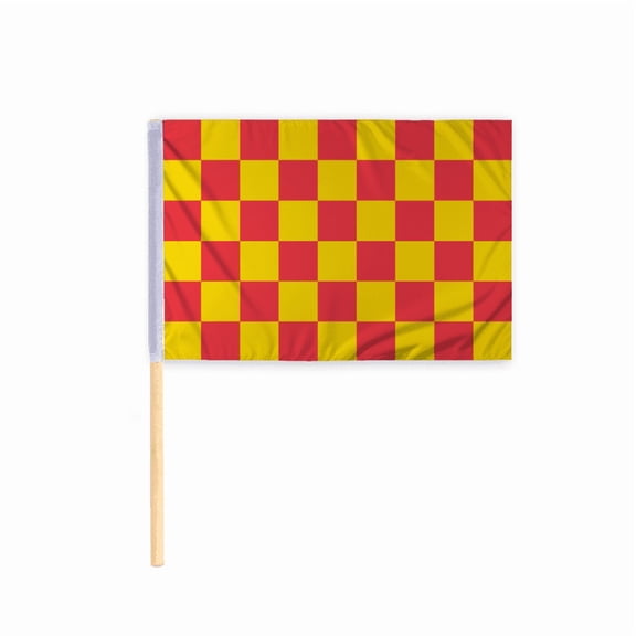 Promopatriot Checkered Racing Flags Red Yellow Pattern - 30x30 inch - 200D Nylon - Mounted on 5/8 dia x 36 inch Natural Wood Pole