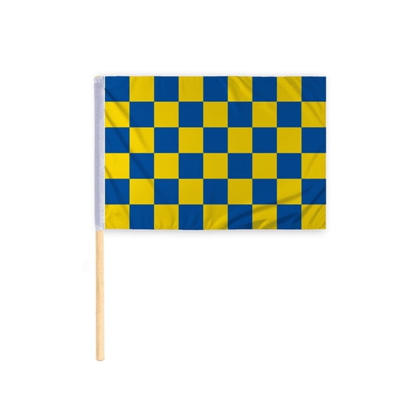 Promopatriot Checkered Racing Flag Yellow Blue 30x30 inch 200D Nylon on 36" Wood Pole