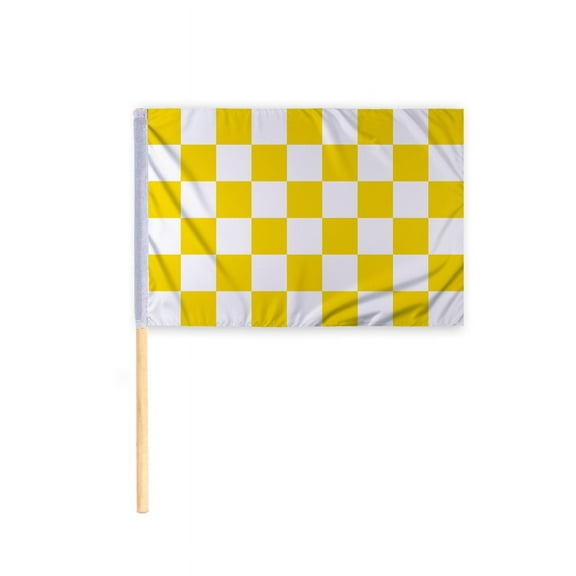 Promopatriot Checkered Racing Flag Yellow White 30x30 inch 200D Nylon on 36" Wood Pole