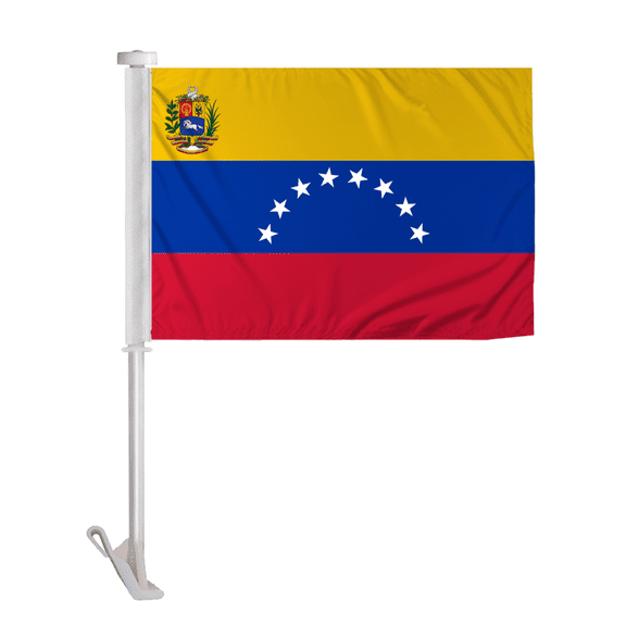 Promopatriot Double Sided Venezuela with Seal Car Flag 10.5x15 inch Premium Super Knit Polyester Fabric Double Stitched 19" Plastic Unbreakable Stiff Pole