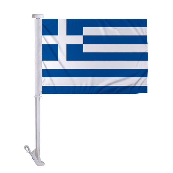 Promopatriot Greece Car Flag 10.5x15 inch Premium Super Knit Polyester Fabric Double Sided Stitched 19" Plastic Unbreakable Stiff Pole