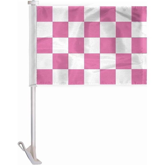 Promopatriot Pink White Checkered Car Flag 10.5x15 inch Polyester 19" Window Pole