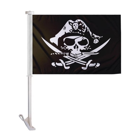 Promopatriot Pirate Hat Car Window Flag 10" x 15" Double-Sided Knit Polyester with 19" Pole