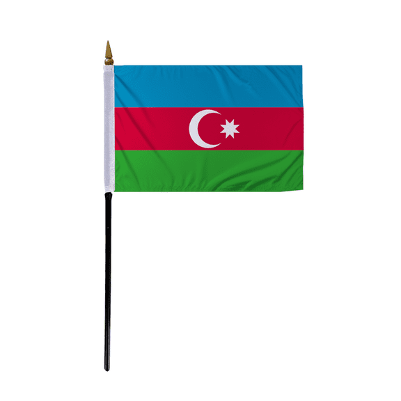 Promopatriot Small Azerbaijan Country Stick Flag 4x6 inch 11" Plastic Stick Polyester Fabric Stitched Edges Hand Held Mini Small Stick Flags