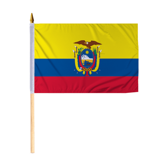 Promopatriot Small Ecuador with Seal National Desk Flag 12x18 inch 24" Wood Stick Polyester Double Stitched Edges Mini Ecuador with Seal flag on Stick