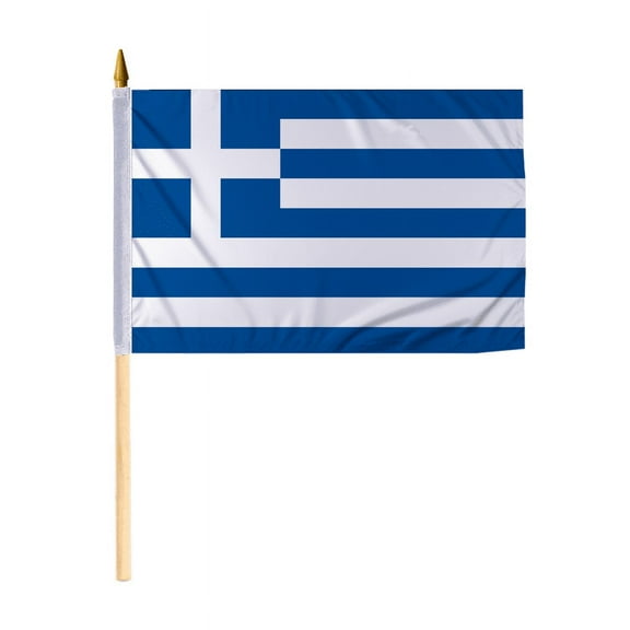 Promopatriot Small Greece National Desk Flag 12x18 inch 24" Wood Stick Polyester Double Stitched Edges Mini Greece flag on Stick