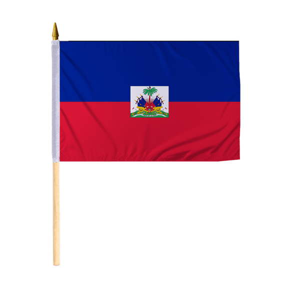 Promopatriot Small Haiti with Seal National Desk Flag 12x18 inch 24" Wood Stick Polyester Double Stitched Edges Mini Haiti with Seal flag on Stick