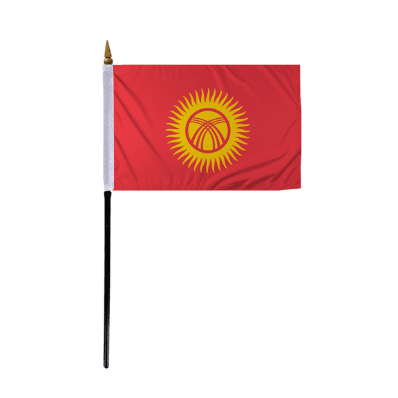Promopatriot Small Kyrgyzstan Country Stick Flag 4x6 inch 11" Plastic Stick Polyester Fabric Stitched Edges Hand Held Mini Small Stick Flags