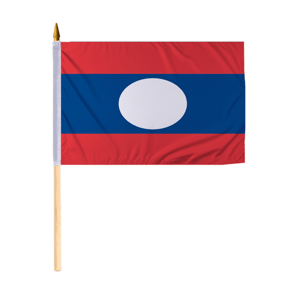 Promopatriot Small Laos National Desk Flag 12x18 inch 24" Wood Stick Polyester Double Stitched Edges Mini Laos flag on Stick