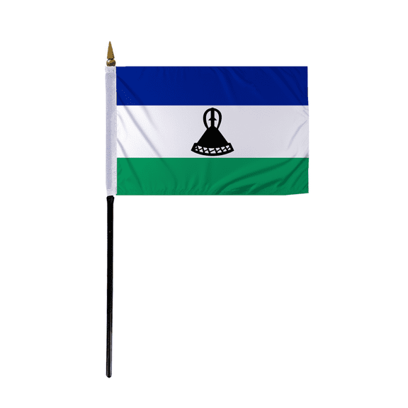 Promopatriot Small Lesotho Country Stick Flag 4x6 inch 11" Plastic Stick Polyester Fabric Stitched Edges Hand Held Mini Small Stick Flags