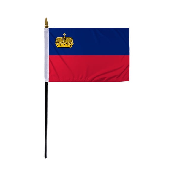 Promopatriot Small Liechtenstein Country Stick Flag 4x6 inch 11" Plastic Stick Polyester Fabric Stitched Edges Hand Held Mini Small Stick Flags