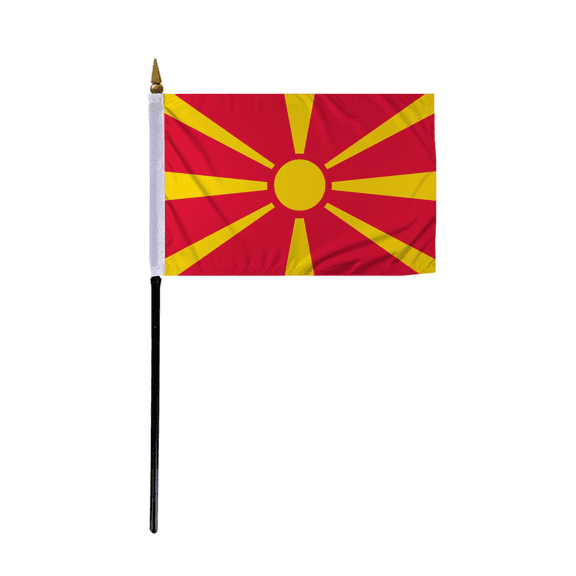 Promopatriot Small Macedonia Country Stick Flag 4x6 inch 11" Plastic Stick Polyester Fabric Stitched Edges Hand Held Mini Small Stick Flags