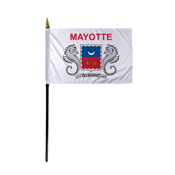 Promopatriot Small Mayotte Country Stick Flag 4x6 inch 11" Plastic Stick Polyester Fabric Stitched Edges Hand Held Mini Small Stick Flags
