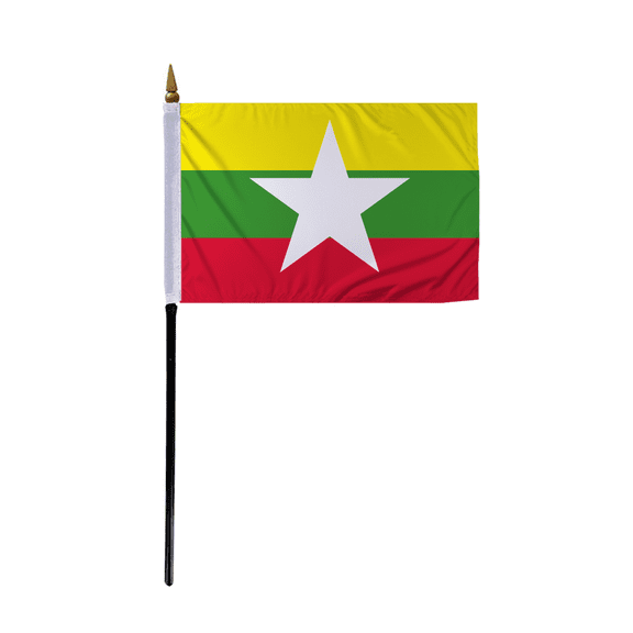 Promopatriot Small Myanmar Country Stick Flag 4x6 inch 11" Plastic Stick Polyester Fabric Stitched Edges Hand Held Mini Small Stick Flags