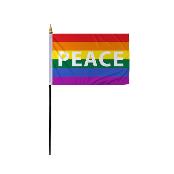 Promopatriot Small Peace Pride Flag 4x6 inch Stick Flag Sewn Edges Fade Resistant Polyester Table Desk 11" Plastic Stick Flag