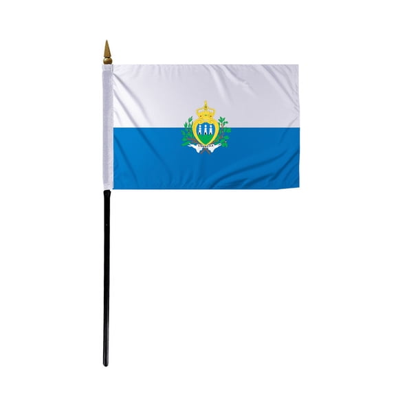 Promopatriot Small San Marino with Seal Country Stick Flag 4x6 inch 11" Plastic Stick Polyester Fabric Stitched Edges Hand Held Mini Small Stick Flags