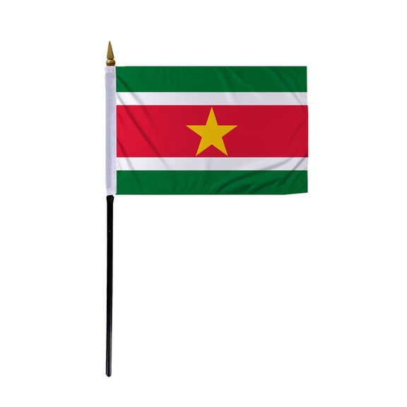 Promopatriot Small Suriname Country Stick Flag 4x6 inch 11" Plastic Stick Polyester Fabric Stitched Edges Hand Held Mini Small Stick Flags
