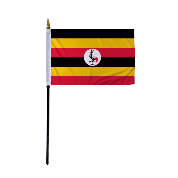 Promopatriot Small Uganda Country Stick Flag 4x6 inch 11" Plastic Stick Polyester Fabric Stitched Edges Hand Held Mini Small Stick Flags