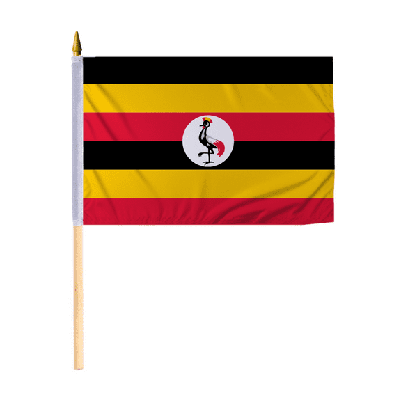 Promopatriot Small Uganda National Desk Flag 12x18 inch 24" Wood Stick Polyester Double Stitched Edges Mini Uganda flag on Stick