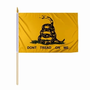 Promopatriot Don't Tread on Me Gadsden Flag 12x18 inch - 24" Wood Pole 100% Outdoor Polyester Double Stitched Bold Bright Yellow American Historical Coiled Rattle Snake Gadsden Mini Handheld Flag
