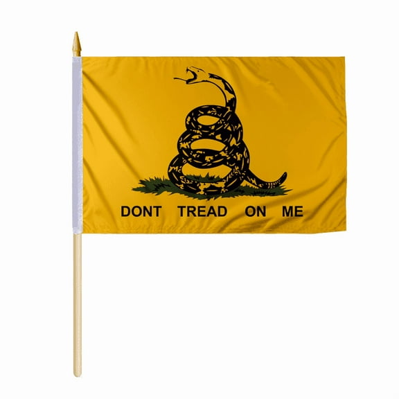 Promopatriot Don't Tread on Me Gadsden Flag 12x18 inch - 24" Wood Pole 100% Outdoor Polyester Double Stitched Bold Bright Yellow American Historical Coiled Rattle Snake Gadsden Mini Handheld Flag