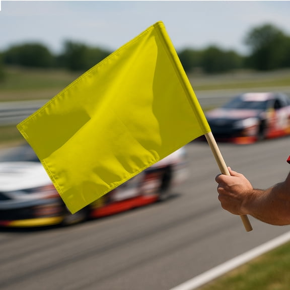 Promopatriot Yellow Racing Flag Caution Stick Flag 30x30 inch - Mounted on 36 inch Natural Wood Pole - 200D Nylon - Large Yellow Racing Flag