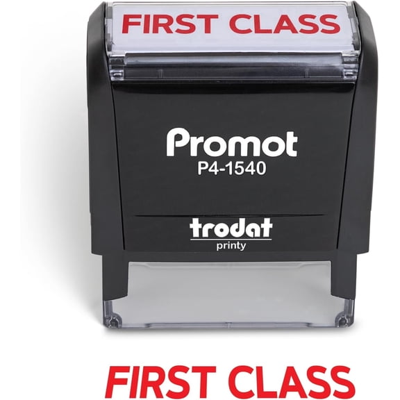 Promot First Class Self-Inking Stamp - Clear, Smudge-Resistant Impression, Refillable Rubber Stamp, Durable Compact Design for Envelopes, Packages, Mail, Office, Business & Home Use