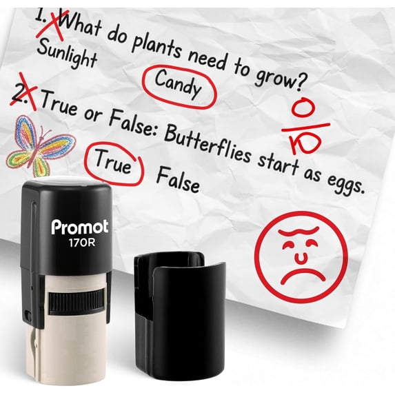 Promot Round Teacher Self-Inking Stamp for Grading & Feedback (Frown Face 3 Red)