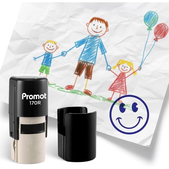 Promot Round Teacher Self-Inking Stamp for Grading & Feedback (Smiley Blue)