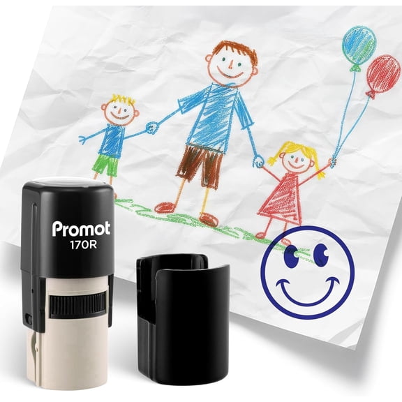 Promot Round Teacher Self-Inking Stamp for Grading & Feedback (Smiley Blue)