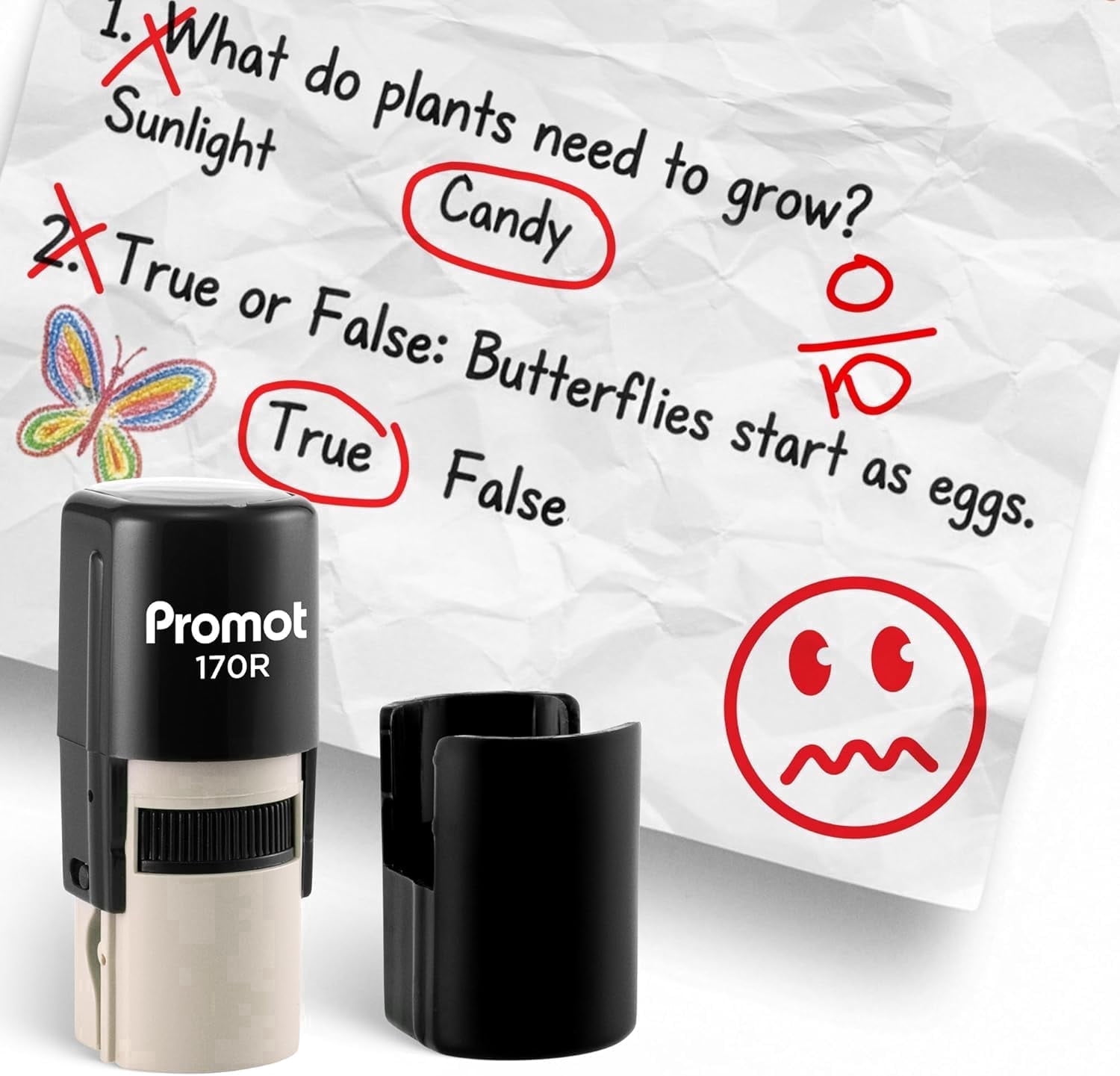 Promot Round Teacher Self-Inking Stamp for Grading & Feedback (Smiley Squiggly Mouth Red)