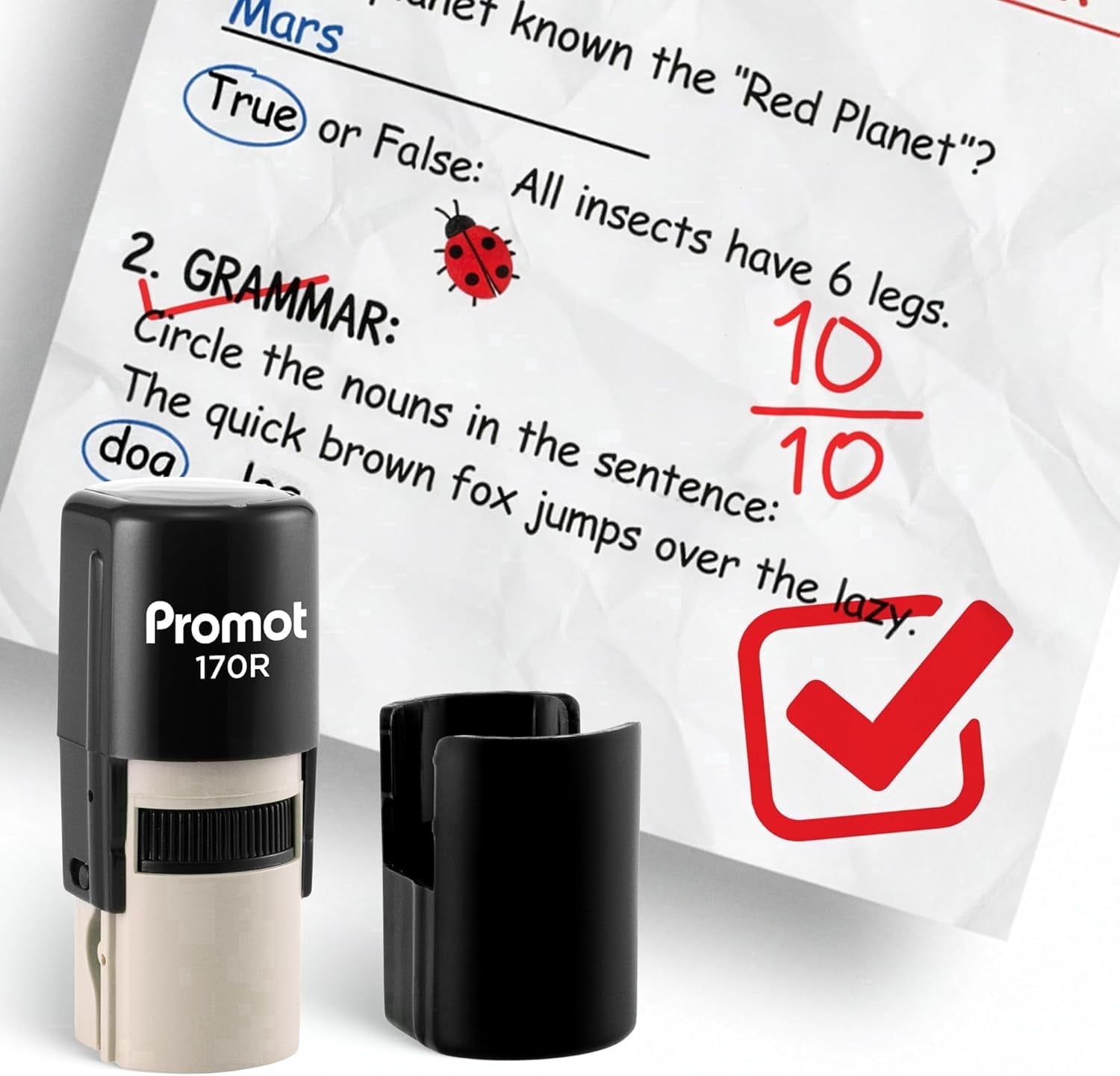 Promot Self-Inking Stamp for Teacher - Round Stamp for Grading & Feedback (Check Box)