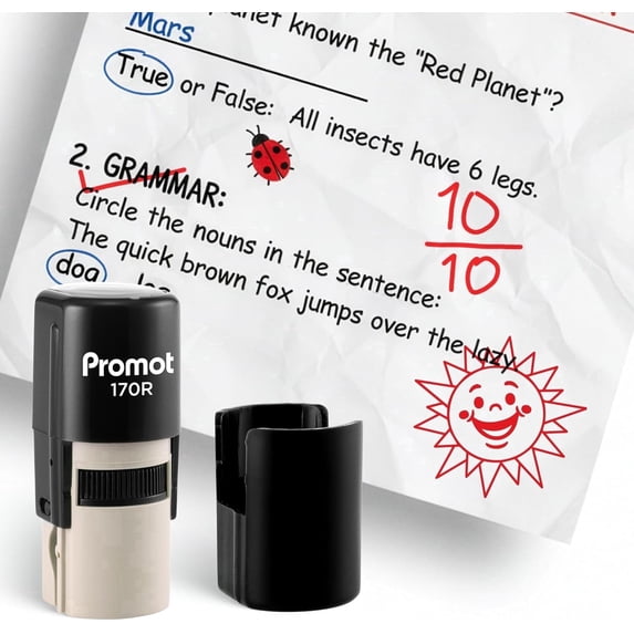 Promot Self-Inking Stamp for Teacher - Round Stamp for Grading & Feedback (Happy Sun Red)