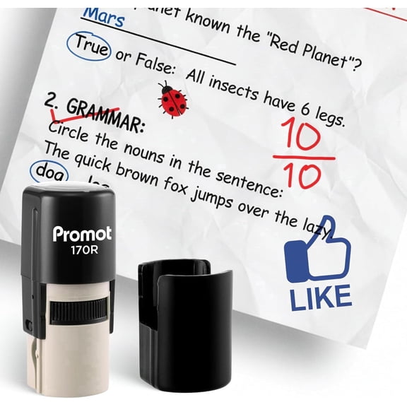 Promot Self-Inking Stamp for Teacher - Round Stamp for Grading & Feedback (Like Blue)